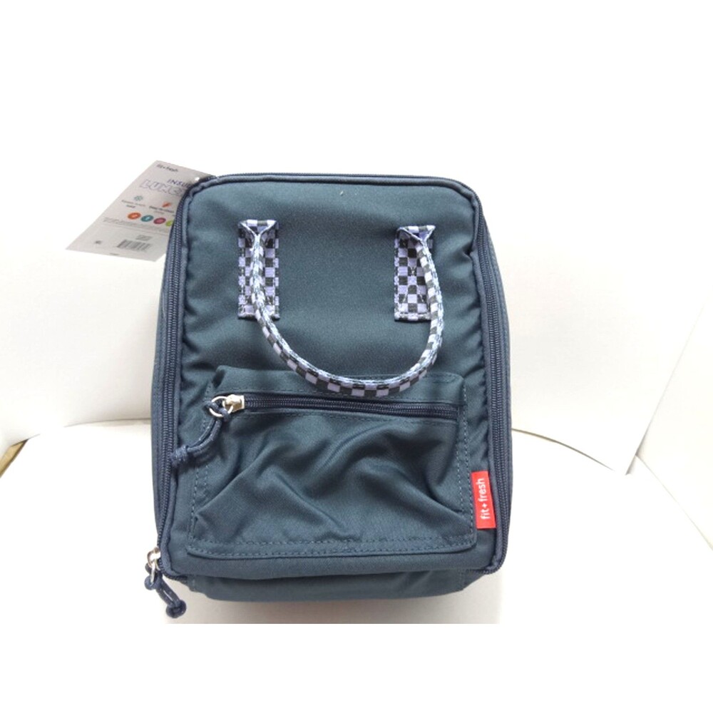 Fit & Fresh Lunch Tote Bag Grey Blue Checkered Handle 10x5x8.5 New